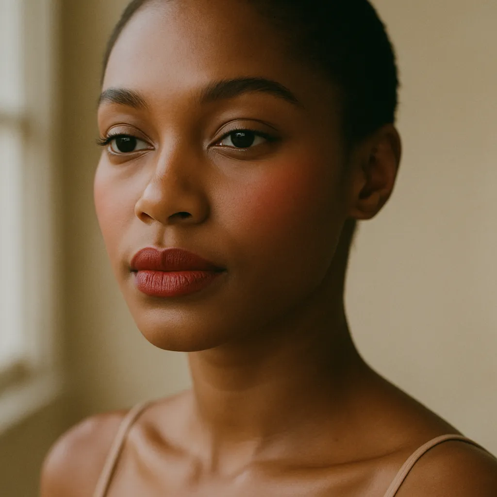 A close portrait showing a lip colour and blush.