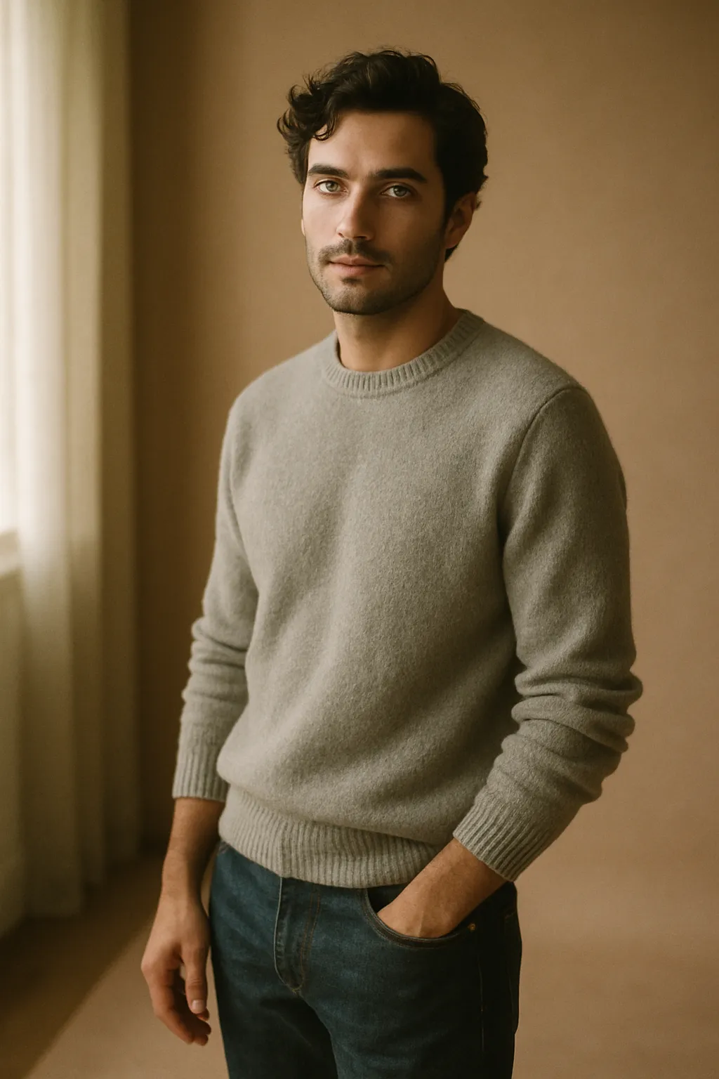 A model photographed in a styled interior setting.