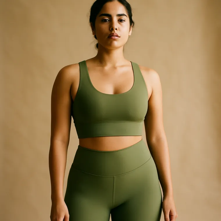 A model wearing olive activewear leggings and a matching top.