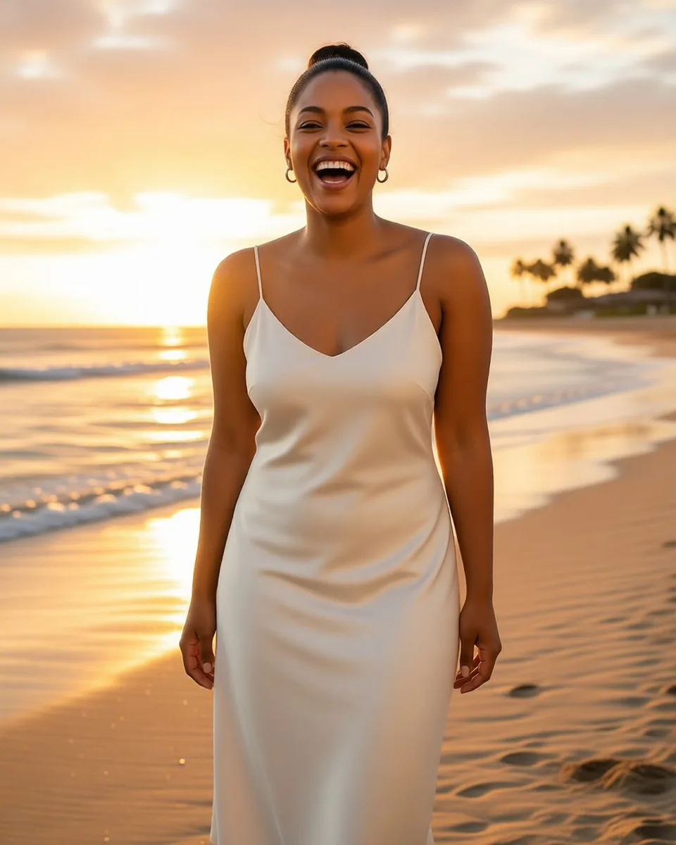 A cream slip dress worn by a model on a beach at sunset.