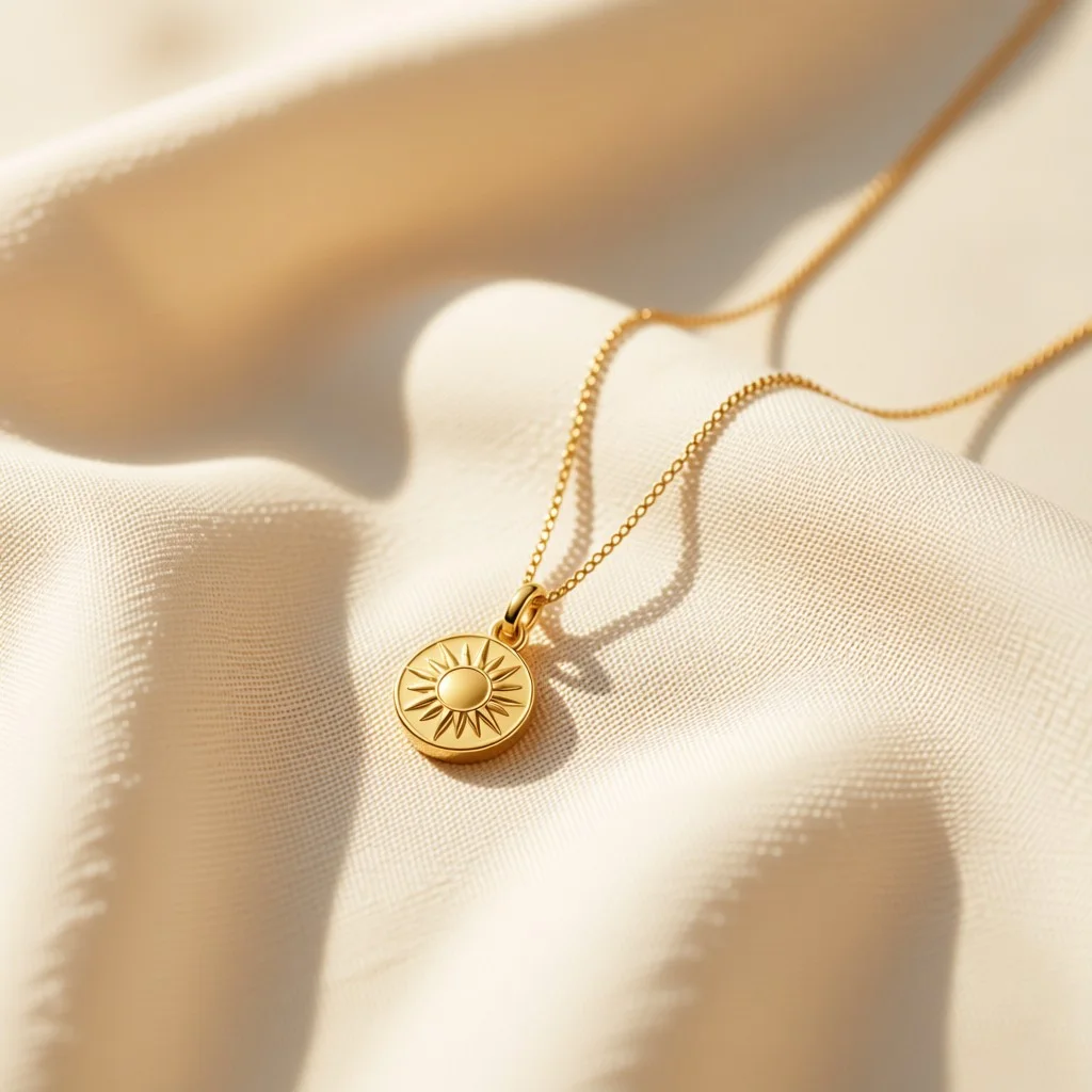 A gold sun-motif pendant on a fine chain, lying on cream linen.