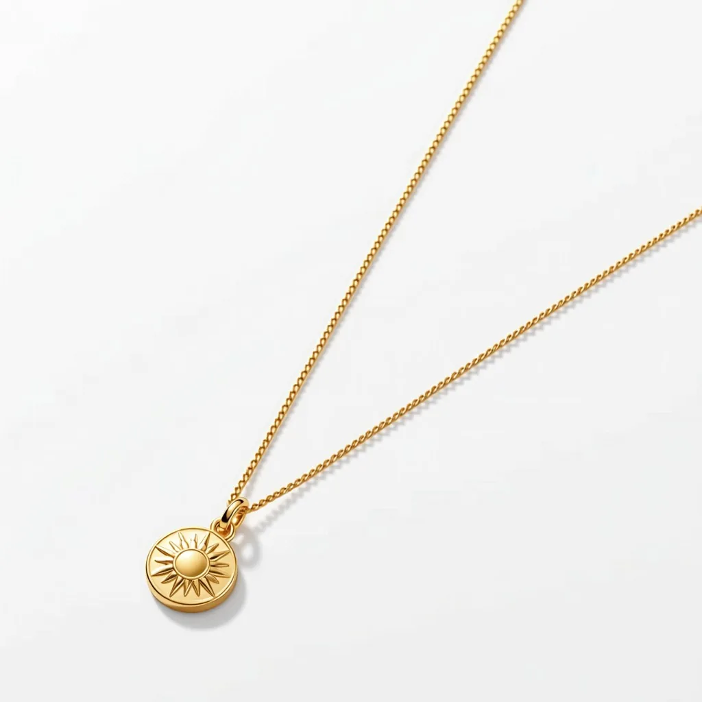 A gold sun-motif pendant on a fine chain, photographed on cloth.