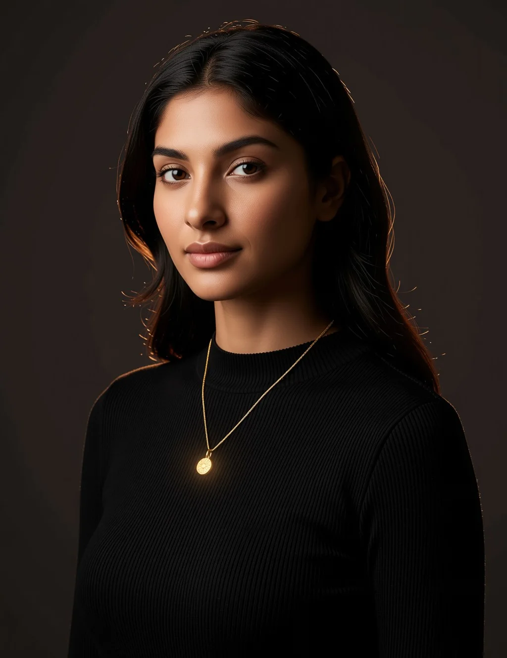 The same pendant worn against a dark editorial background.