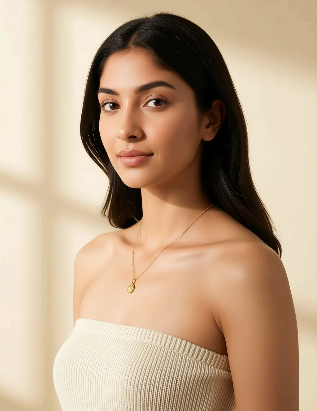 A gold pendant photographed in an editorial ivory setting.