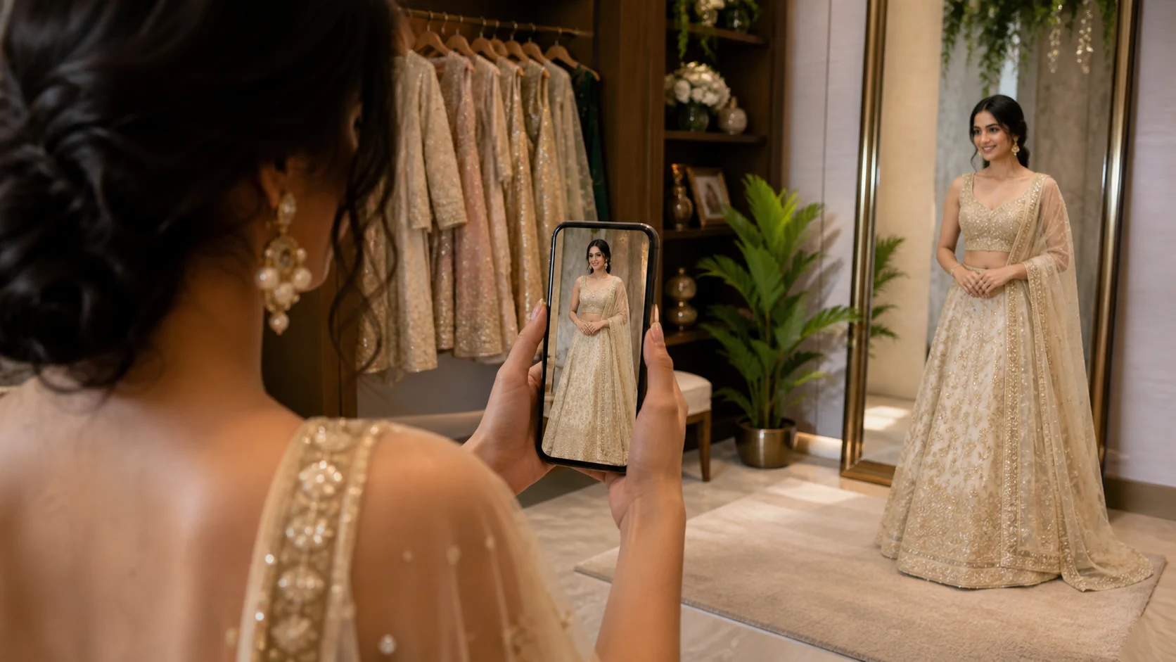 A bridal shopper previewing an occasionwear outfit with AI virtual try-on on a Shopify product page.