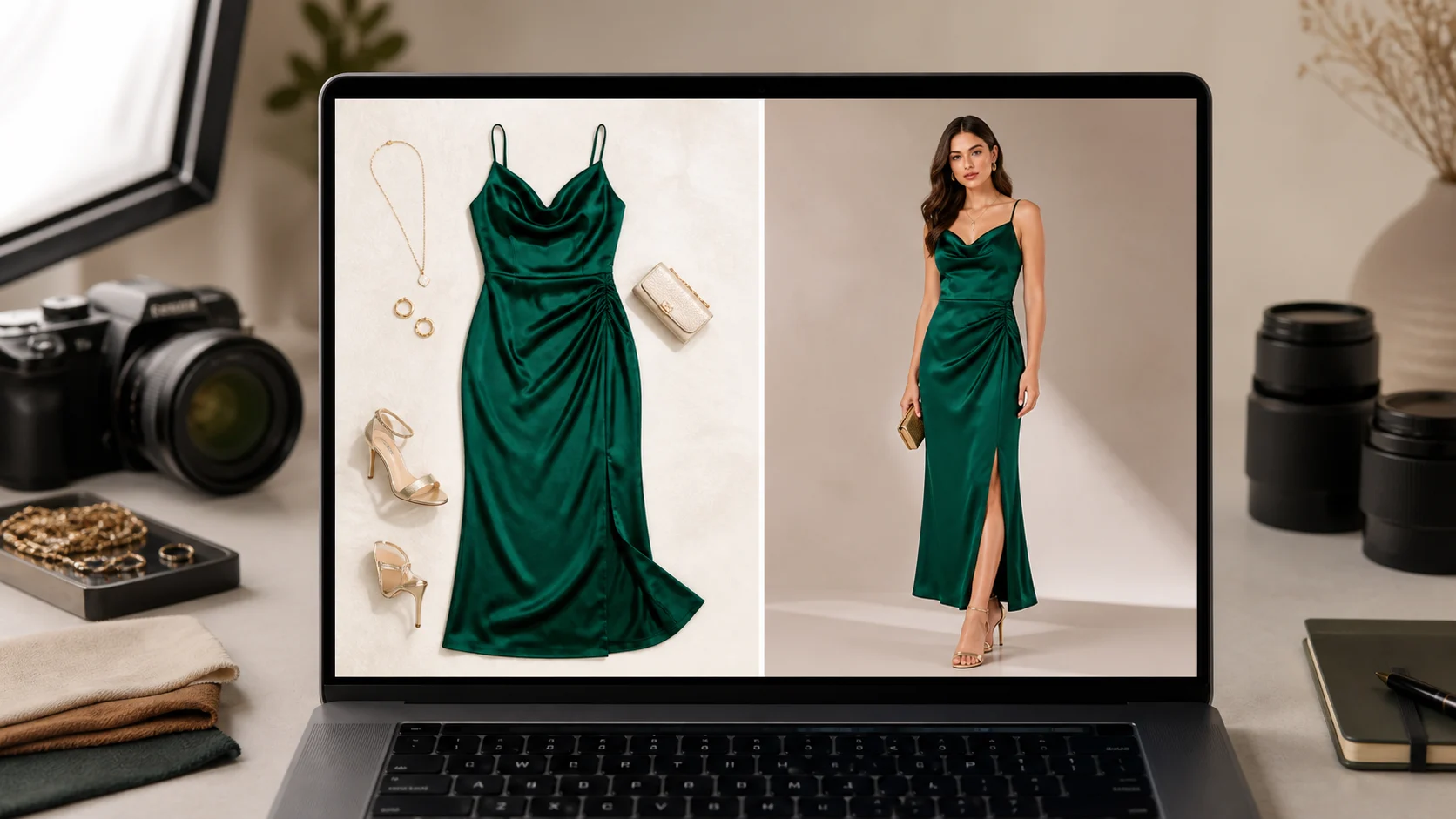 A flat-lay garment on the left and the same garment shown worn by a model on the right.