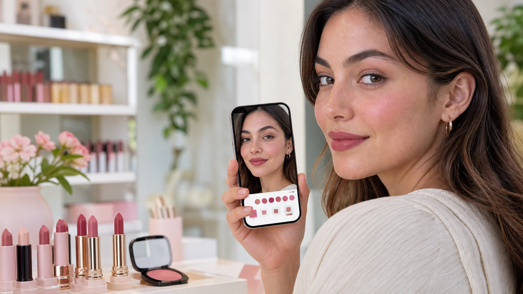 A shopper previewing lipstick and blush shades on a live camera feed on a beauty product page.