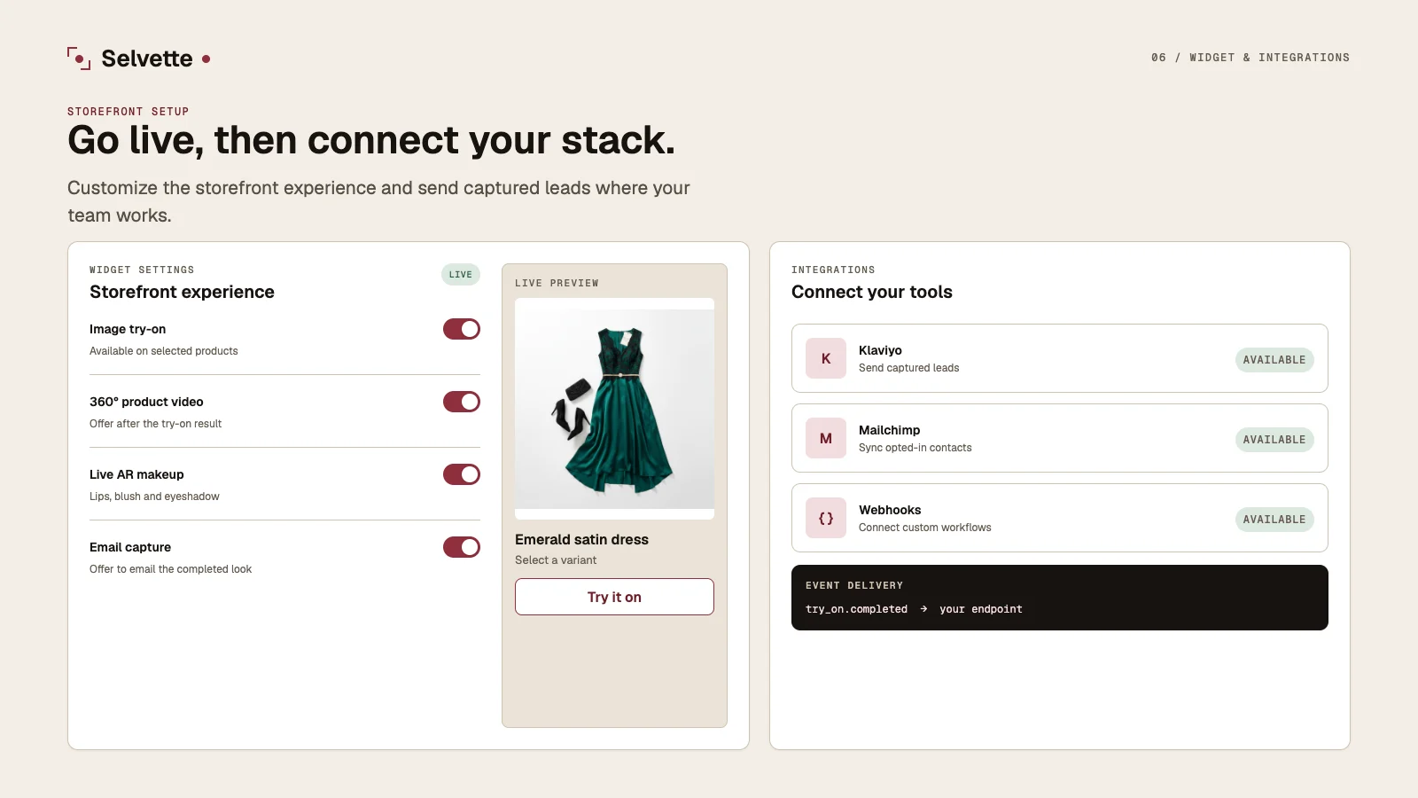 A Shopify product page with a try-on trigger sitting under the buy buttons, next to the add to cart control.